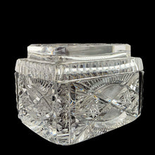Load image into Gallery viewer, Elegant vintage cut crystal lidded cigarette box. Crafted by Bohemia Crystal, Czechoslovakia, 1970s. This box provides a decorative way to store cigarettes with the lid functioning as an ashtray. Not a smoker? Use this versatile elegant box to store playing cards, candies or trinkets. Add this statement piece to your home decor or give as a gift.

In excellent condition, no chips.

Measures 4 1/2 x 3 3/8 x 3 1/2 inches
