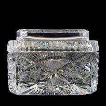 Load image into Gallery viewer, Elegant vintage cut crystal lidded cigarette box. Crafted by Bohemia Crystal, Czechoslovakia, 1970s. This box provides a decorative way to store cigarettes with the lid functioning as an ashtray. Not a smoker? Use this versatile elegant box to store playing cards, candies or trinkets. Add this statement piece to your home decor or give as a gift.

In excellent condition, no chips.

Measures 4 1/2 x 3 3/8 x 3 1/2 inches
