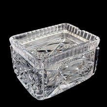 Load image into Gallery viewer, Elegant vintage cut crystal lidded cigarette box. Crafted by Bohemia Crystal, Czechoslovakia, 1970s. This box provides a decorative way to store cigarettes with the lid functioning as an ashtray. Not a smoker? Use this versatile elegant box to store playing cards, candies or trinkets. Add this statement piece to your home decor or give as a gift.

In excellent condition, no chips.

Measures 4 1/2 x 3 3/8 x 3 1/2 inches
