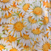 Load image into Gallery viewer, Vintage Daisy pattern twin size poly cotton flat sheet in shades of yellow, orange, green, brown and white. Crafted by Lady Pepperell, 1974. A beautiful way to add charm to your bedroom decor or repurpose for crafting!

In excellent like-new condition, appears unused. No stains/tears.

Measures 72 x 104 inches or 183 x 264 centimetres
