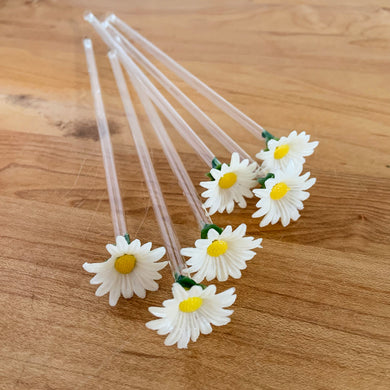 This set of six sweet vintage mid-century swizzle sticks features white and yellow daisies with verdant stems, how irresistible!  In good used vintage condition.  Measures 7 3/4 inches