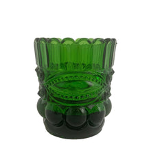 Load image into Gallery viewer, Vintage dark green &quot;Eyewinker&quot;&nbsp;pressed glass toothpick holder. Crafted by LG Wright, USA, circa 1964 - 1990s. A sweet piece from the past to hold toothpicks, matches, or paper clips.  in vintage condition, one chip at the rim (see photo).  Measures 2 1/8 x 2 1/2 inches
