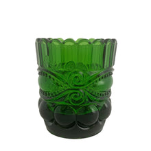 Load image into Gallery viewer, Vintage dark green &quot;Eyewinker&quot;&nbsp;pressed glass toothpick holder. Crafted by LG Wright, USA, circa 1964 - 1990s. A sweet piece from the past to hold toothpicks, matches, or paper clips.  in vintage condition, one chip at the rim (see photo).  Measures 2 1/8 x 2 1/2 inches
