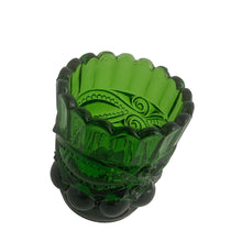 Load image into Gallery viewer, Vintage dark green &quot;Eyewinker&quot;&nbsp;pressed glass toothpick holder. Crafted by LG Wright, USA, circa 1964 - 1990s. A sweet piece from the past to hold toothpicks, matches, or paper clips.  in vintage condition, one chip at the rim (see photo).  Measures 2 1/8 x 2 1/2 inches
