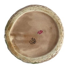 Load image into Gallery viewer, View of ESD Lefton ceramic cookie jar showing bottom with Maker's Mark, An Enterprise Exclusive sticker, minor staining and crazing
