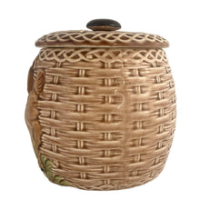 Load image into Gallery viewer, ESD Lefton ceramic cookie jar, side view — basketweave body with relief deer and braided lid, dark knob
