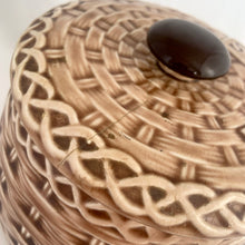 Load image into Gallery viewer, Close-up of ESD Lefton cookie jar lid and braided rim — basketweave and interlaced rope texture detail, dark knob, crazing and lid repair crack visible
