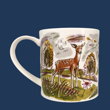 Load image into Gallery viewer, Delightful Enchantment bone china mug featuring deer in a whimsical woodland scene. Designed by Gillian Martin for Dunoon, England. A lovely collectible mug for your favourite hot beverage.

In excellent condition, no chips/cracks/repairs.

Measures 3 1/2 x 3 1/2 inches

Capacity 10 ounces
