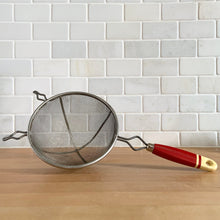 Load image into Gallery viewer, Vintage Depression-Era Kitchen Sieve — Red &amp; Cream Wood Handle, Wire Mesh Strainer, 1920s
