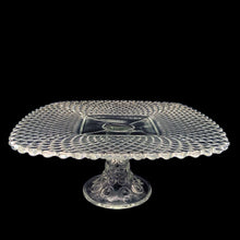 Load image into Gallery viewer, Vintage &quot;Diamond LIne 650&quot; clear square pedestal cake stand features a pressed pattern of diamonds on the plate supported by a pedestal impressed with bullseye, dots and circles, graduating in size. Part of the &#39;Hope Chest Collection&#39; crafted by L.E. Smith, USA, circa 1920s - 1940s. This lovely collectible cake stand would enhance any cake or dessert buffet with it&#39;s sparkling presence! In excellent condition, free from chips. Measures 10 5/8 x 10 5/8 x 4 3/8
