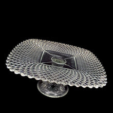 Load image into Gallery viewer, Vintage &quot;Diamond LIne 650&quot; clear square pedestal cake stand features a pressed pattern of diamonds on the plate supported by a pedestal impressed with bullseye, dots and circles, graduating in size. Part of the &#39;Hope Chest Collection&#39; crafted by L.E. Smith, USA, circa 1920s - 1940s. This lovely collectible cake stand would enhance any cake or dessert buffet with it&#39;s sparkling presence! In excellent condition, free from chips. Measures 10 5/8 x 10 5/8 x 4 3/8
