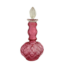 Load image into Gallery viewer, Lovely vintage Diamond Optic Ruby Overlay cologne bottle with clear crimped collar and stopper. Crafted by the Fenton Art Glass Company,&nbsp; 1942 - 1948. A beautiful piece for any glass collector!  The bottle is in excellent condition, free from chips. The stopper is in used vintage condition with chipping to the bottom.  Measures 3 3/4 x 8 3/4 inches
