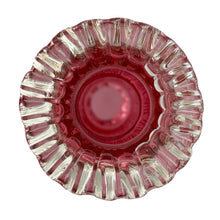 Load image into Gallery viewer, Lovely vintage Diamond Optic Ruby Overlay cologne bottle with clear crimped collar and stopper. Crafted by the Fenton Art Glass Company,&nbsp; 1942 - 1948. A beautiful piece for any glass collector!  The bottle is in excellent condition, free from chips. The stopper is in used vintage condition with chipping to the bottom.  Measures 3 3/4 x 8 3/4 inches
