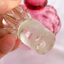 Load image into Gallery viewer, Lovely vintage Diamond Optic Ruby Overlay cologne bottle with clear crimped collar and stopper. Crafted by the Fenton Art Glass Company,&nbsp; 1942 - 1948. A beautiful piece for any glass collector!  The bottle is in excellent condition, free from chips. The stopper is in used vintage condition with chipping to the bottom.  Measures 3 3/4 x 8 3/4 inches
