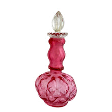 Load image into Gallery viewer, Lovely vintage Diamond Optic Ruby Overlay cologne bottle with clear crimped collar and stopper. Crafted by the Fenton Art Glass Company, 1942 - 1948. A beautiful piece for any glass collector! The bottle is in excellent condition, free from chips. The stopper is in used vintage condition with chipping to the bottom. Measures 3 3/4 x 8 3/4 inches
