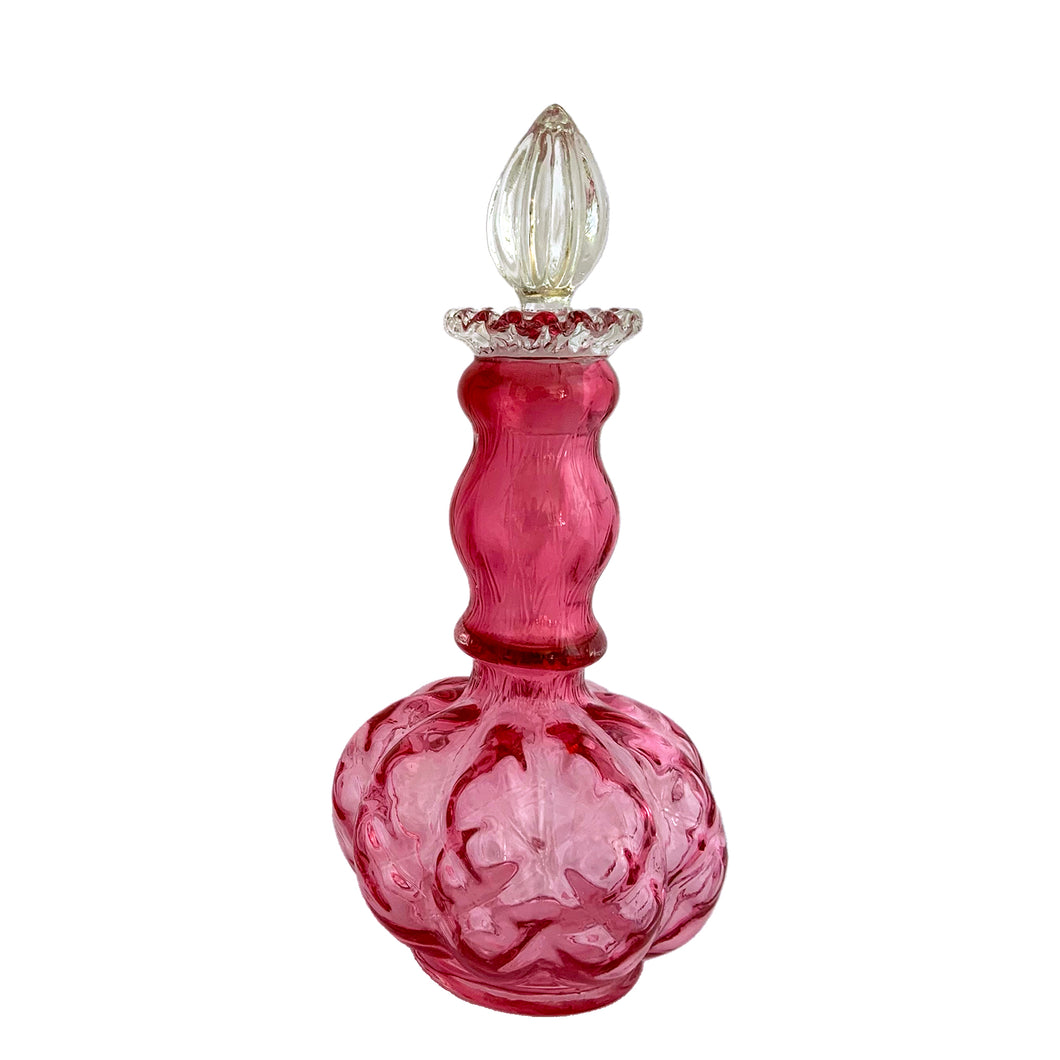 Lovely vintage Diamond Optic Ruby Overlay cologne bottle with clear crimped collar and stopper. Crafted by the Fenton Art Glass Company, 1942 - 1948. A beautiful piece for any glass collector! The bottle is in excellent condition, free from chips. The stopper is in used vintage condition with chipping to the bottom. Measures 3 3/4 x 8 3/4 inches