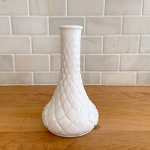 Load image into Gallery viewer, Vintage diamond pattern milk glass bud vase. Crafted by Anchor Hocking, 1960s. Create a lovely flower arrangement in this simple, yet elegant vase. Perfect addition to vintage, farmhouse, cottage core or wedding decor. In excellent condition, no chips or cracks. Measures 3 1/2 x 6 inches
