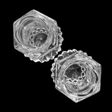 Load image into Gallery viewer, Overhead view of vintage "Diamond Point" clear glass salt and pepper shakers
