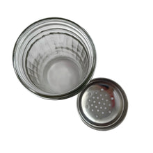 Load image into Gallery viewer, Bring the nostalgia of classic restaurant diners to your table with this vintage pressed glass icing sugar or parmesan cheese dispenser, featuring clear vertical panels and a chrome lid. Crafted by Dominion Glass, Canada, circa 1970s . Add a timeless touch to your dining table!  In excellent condition, free from chips. Marked on the bottom.  Measure 3 x 5 3/4 inches
