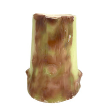 Load image into Gallery viewer, Spout view of vintage Czech Majolica pitcher showing tree stump-form body in mottled spring green and brown glaze with textured bark detail

