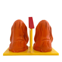 Load image into Gallery viewer, Vintage plastic rusty-orange Basset hound dog salt and pepper shaker with yellow and red dog house tray, plastic stoppers. JSNY, Hong Hong 1970s. Add these adorable shakers to your collection!

In excellent vintage condition. Maker&#39;s mark on dogs and tray bottom .

Dog measures 1 3/4 x 1 1/2 x 3 inches, tray measures 4 5/8 x 2 x 3 3/8 inches
