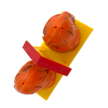 Load image into Gallery viewer, Vintage plastic rusty-orange Basset hound dog salt and pepper shaker with yellow and red dog house tray, plastic stoppers. JSNY, Hong Hong 1970s. Add these adorable shakers to your collection!

In excellent vintage condition. Maker&#39;s mark on dogs and tray bottom .

Dog measures 1 3/4 x 1 1/2 x 3 inches, tray measures 4 5/8 x 2 x 3 3/8 inches
