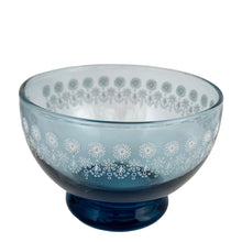 Load image into Gallery viewer, Close-up of white floral graphics on navy blue glass Dominion Glass dessert bowl
