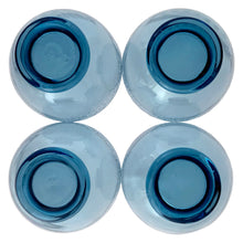 Load image into Gallery viewer, Bottom view of vintage navy blue dessert bowls with white floral pattern showing Dominion Glass maker's mark
