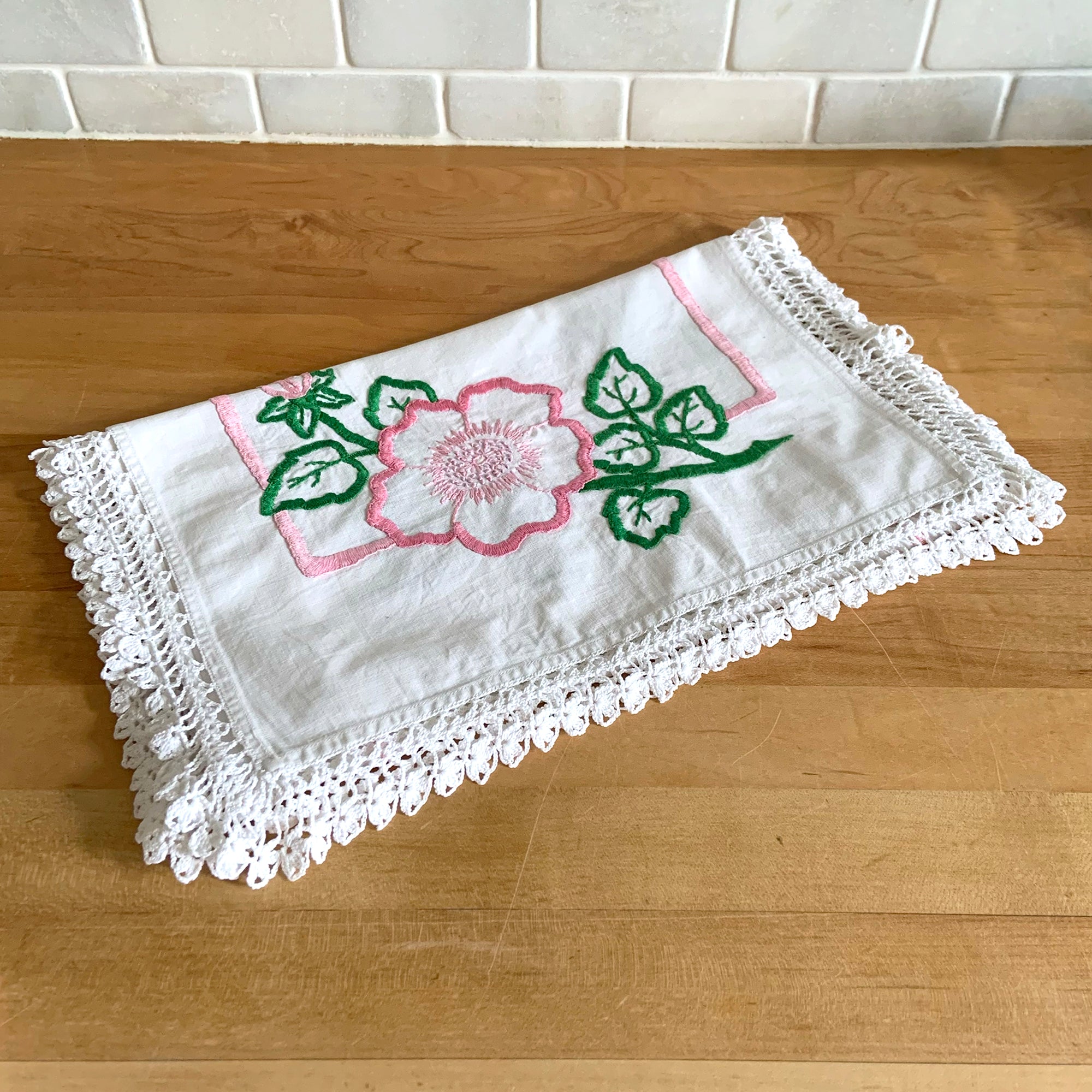 Vintage Hand Embroidered White Cotton Dresser Scarf w/ Pink and Green –  Jack's Daughter of All Trades