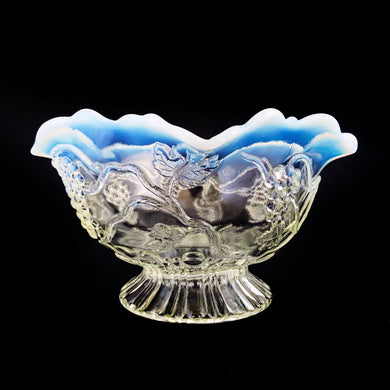 EAPG Flint Opalescent Grape Vine Footed Bowl with crimped edge. Produced by Jefferson Glass, USA, circa 1910. A beautiful bowl for candies or nuts.  In excellent condition, free from chips.  Measures 6 x 3 3/4 inches