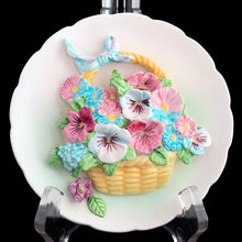 Load image into Gallery viewer, Left side single vintage ESD Lefton 3D floral wall plaque, front view showing hand-painted pansy basket with scalloped edge, model MR21447, Japan, 1950s
