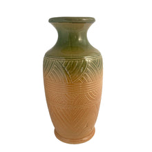 Load image into Gallery viewer, Vintage glossy Egyptian Revival green and ochre ombre glazed ceramic vase 100 with impressed geometric pattern. Crafted by Robinson Ransbottom Pottery Co., USA, 1940s. A rare piece to add to your art pottery collection!

In excellent condition, no chips/cracks/repairs. Maker&#39;s marks.

Measures 4 1/2 x 12 inches
