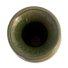 Load image into Gallery viewer, Vintage glossy Egyptian Revival green and ochre ombre glazed ceramic vase 100 with impressed geometric pattern. Crafted by Robinson Ransbottom Pottery Co., USA, 1940s. A rare piece to add to your art pottery collection!

In excellent condition, no chips/cracks/repairs. Maker&#39;s marks.

Measures 4 1/2 x 12 inches
