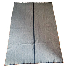 Load image into Gallery viewer, Stay toasty warm with this vintage Elizabeth Line gray wool blanket featuring a black stripe and black edge stitching. Crafted by Renfrew Textiles, Canada, circa 1940s/50s for Canada&#39;s Department of National Defence. A wonderful piece of Canadian army and military history!

In excellent vintage condition. No tears/stains.

Measures 54 x 80 inches
