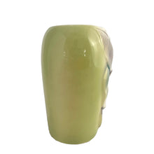Load image into Gallery viewer, Vintage mid-century ovoid shaped vase with embossed leaves on a chartreuse ground. Crafted by Royal Copley, USA, circa 1950s. Perfect for a sweet bouquet or decor.

In as found vintage condition, chip to one of the leaves, no cracks/repairs. Unmarked

Measures 4 1/4 x 3 x 5 1/4 inches
