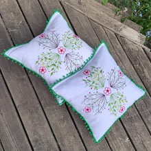 Load image into Gallery viewer, Vintage Pair of Colourful Hand Embroidered Flowers on a White Pillow w/ Green Pom Pom Fringe New Inserts
