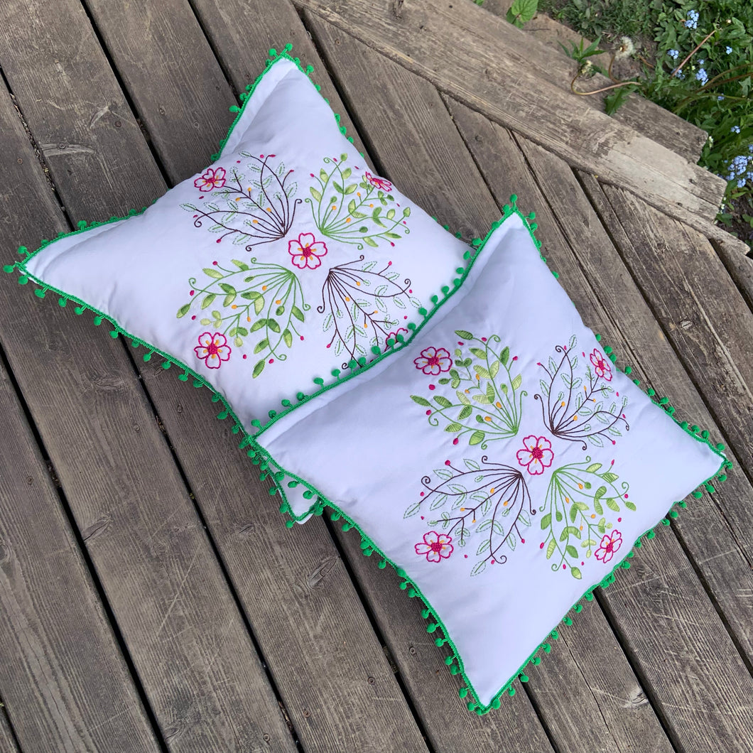 Vintage Pair of Colourful Hand Embroidered Flowers on a White Pillow w/ Green Pom Pom Fringe New Inserts
