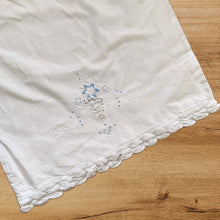 Load image into Gallery viewer, A lovely pair of vintage white cotton pillowcases, featuring elegantly design of hand embroidered flowers in pale blue, white details, cutwork and finished with scalloped edge in Battenburg Lace. A gorgeous addition to your bed linens! In excellent condition, free from tears or stains. Measures 32 3/4 x 19 13/4 inches
