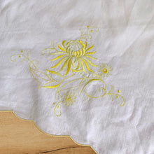 Load image into Gallery viewer, A lovely pair of vintage white cotton pillowcases, featuring elegantly design of hand embroidered flowers and scalloped edge in sunny yellow. A gorgeous addition to your bed linens! In excellent condition, free from tears or stains. Measures 30 1/2 x 19 1/2 inches
