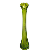 Load image into Gallery viewer, Vintage mid-century emerald green swung stretch glass footed vase brings all the boho vibes. Add this beauty to your art glass collection! In excellent vintage condition, free from chips. Measures 3 1/8 x 14 1/2 inches
