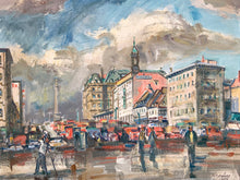 Load image into Gallery viewer, Close-up of Wesselow’s Old Montreal painting showing figures, colourful buildings and Nelson’s Column beneath a cloudy blue sky
