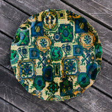 Load image into Gallery viewer, This FAB serving tray screams retro style with its vibrant blue, green, yellow  and teal framed medallions of flowers, geometric objects and birds. Made by pressing gorgeous decorator fabric between 2 layers of a light-weight plastic material which was heat molded into a tray with a sweet ruffled edge. Produced by Hardy Glenwood in Canada, circa 1960/70. The perfect accessory for entertaining! In excellent used condition. Measures 17 1/4 inches  
