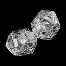 Load image into Gallery viewer, Enhance your tablescape with these sparkling vintage faceted cut crystal salt and peppers shakers topped with silver plated lids....stunning! The crystal is in excellent condition, free from chips. Original &quot;Made in Japan&quot; stickers. Measures 1 1/4 x 2 7/8 inches
