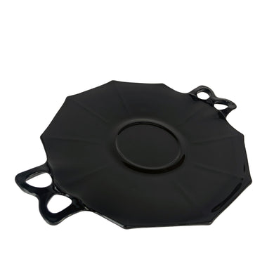 Vintage Fairfax Ebony Line 2375 black amethyst glass handled cake plate. Crafted by Fostoria Glass, USA, 1930 - 1942. A gorgeous amethyst black glass decagon shaped plate for serving cakes and desserts.

In excellent condition, no chips.

Measures including handles 12 1/2 x 9 5/8 inches