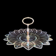 Load image into Gallery viewer, Vintage 1960s Federal Glass Petal iridescent sandwich tray with atomic starburst pattern and silver center handle
