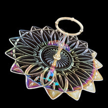 Load image into Gallery viewer, Close-up of iridescent rainbow carnival glass finish on Federal Glass Petal tray showing color-shifting shimmer
