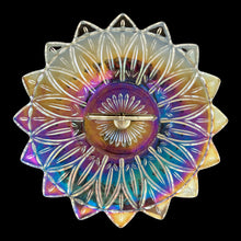 Load image into Gallery viewer, Overhead top view of Atomic starburst pattern detail on Federal Glass Petal tidbit tray with pressed glass radiating design
