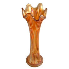 Load image into Gallery viewer, Antique Fenton Fine Rib marigold carnival glass swung vase displayed as home decor, showing scale and decorative context
