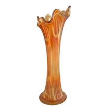 Load image into Gallery viewer, Side profile of Fenton Fine Rib marigold carnival glass vase highlighting oil-slick iridescence and vertical ribbing detail
