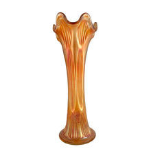 Load image into Gallery viewer, Rear view of Fenton Fine Rib marigold carnival glass swung vase, showing iridescent surface shifting from amber to violet in natural light
